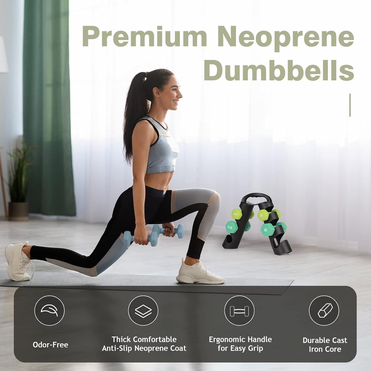 Set of 2 Neoprene Coated Dumbbell Hand Weights, Anti-Slip and Anti-Roll Hex Dumbbells in Pair for Strength Training, Resistance Training