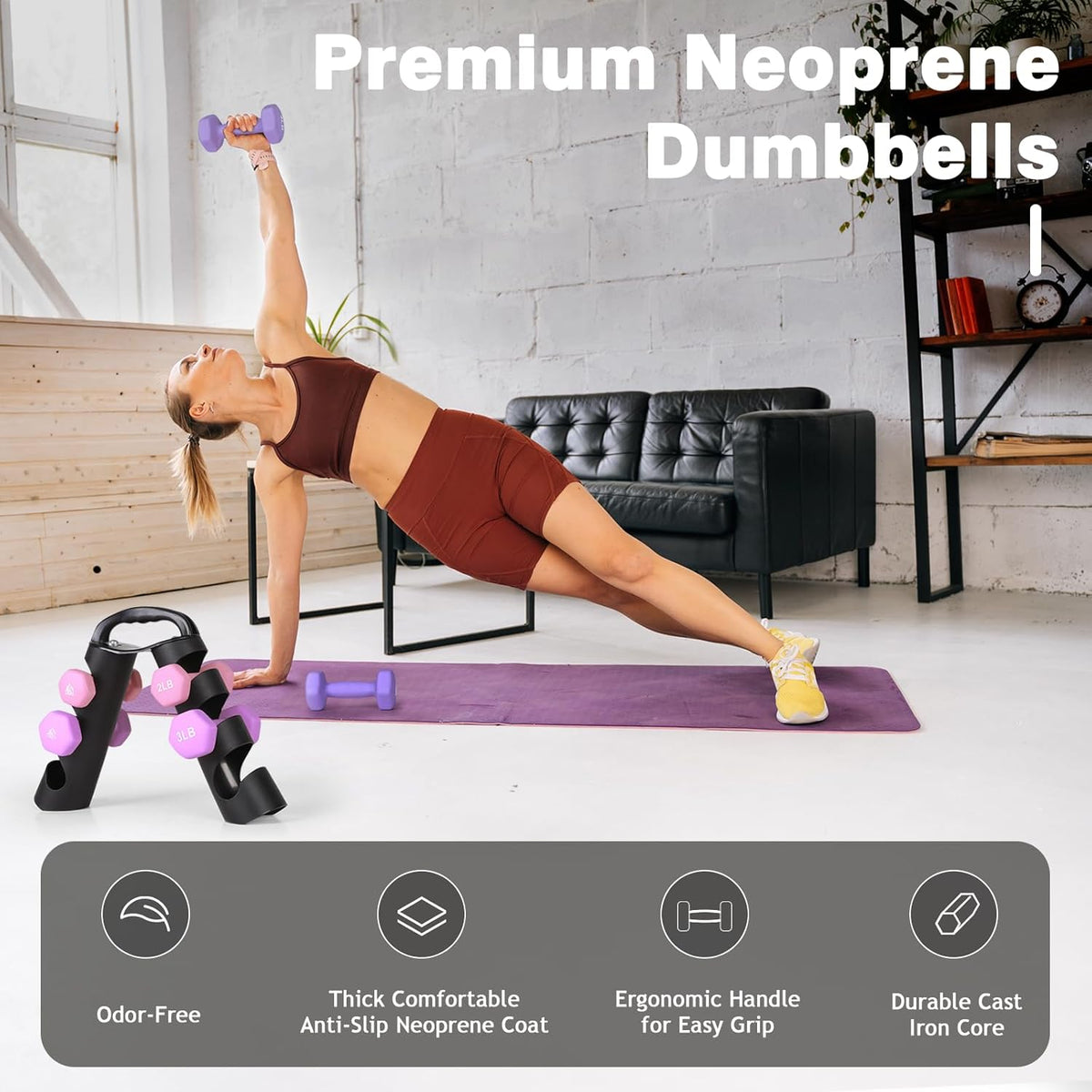 Set of 2 Neoprene Coated Dumbbell Hand Weights, Anti-Slip and Anti-Roll Hex Dumbbells in Pair for Strength Training, Resistance Training