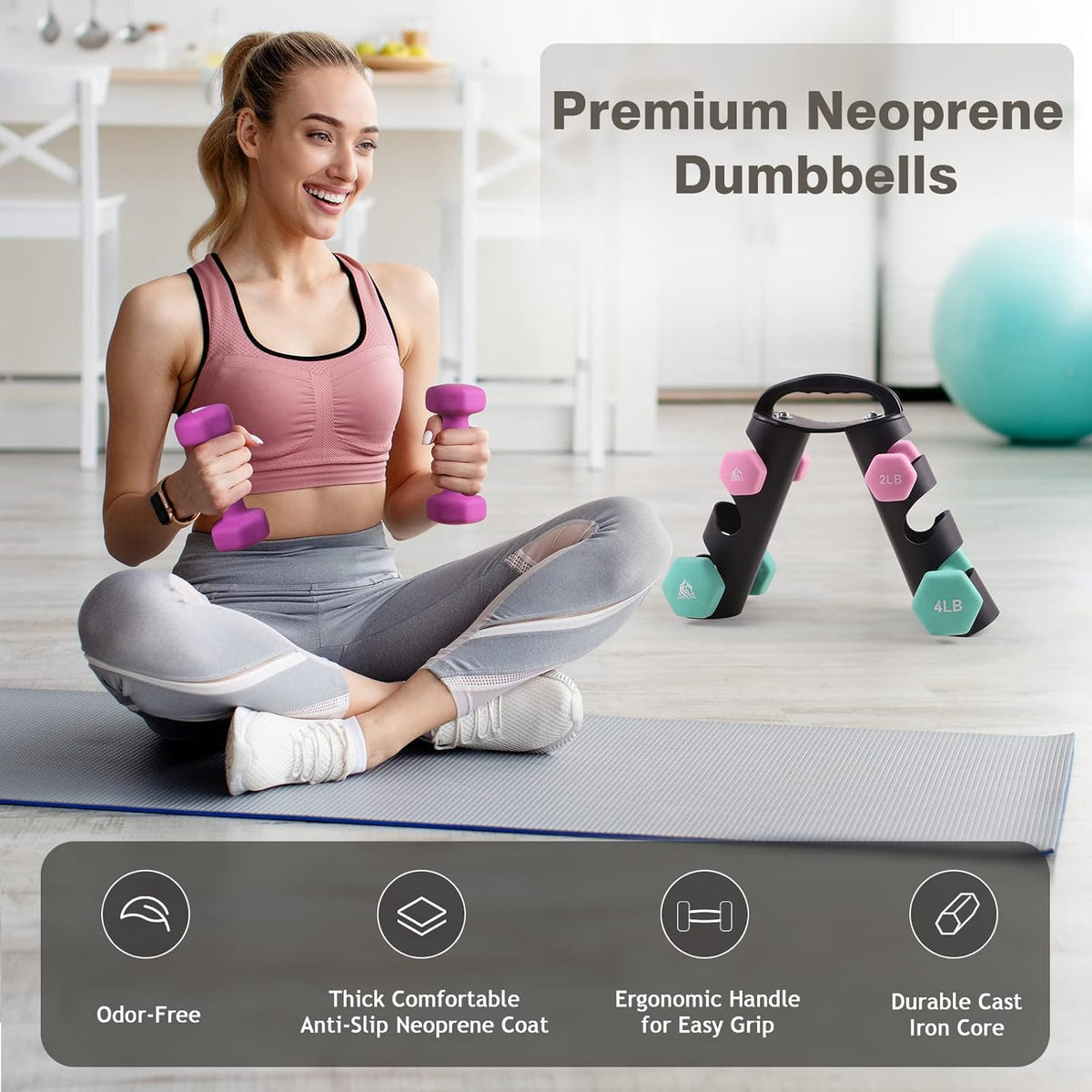Set of 2 Neoprene Coated Dumbbell Hand Weights, Anti-Slip and Anti-Roll Hex Dumbbells in Pair for Strength Training, Resistance Training