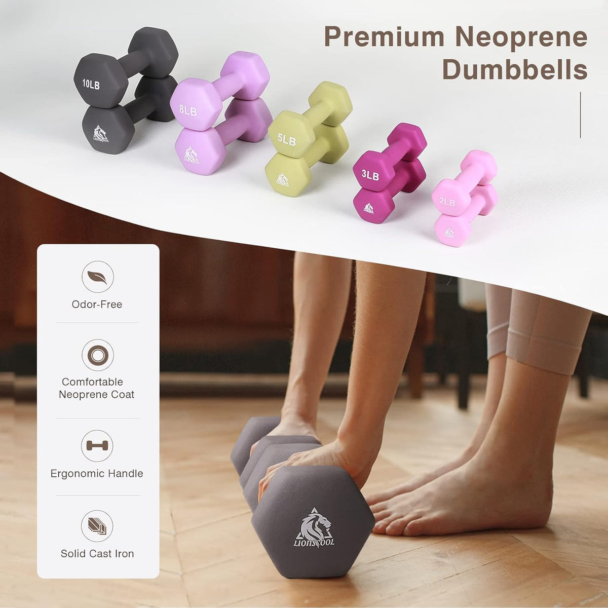 Set of 2 Neoprene Coated Dumbbell Hand Weights, Anti-Slip and Anti-Roll Hex Dumbbells in Pair for Strength Training, Resistance Training