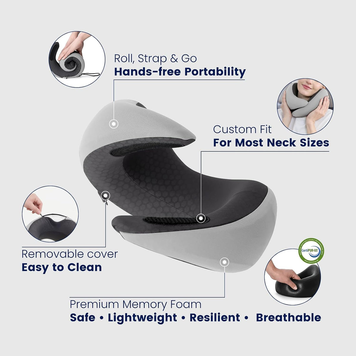 ® Memory Foam Travel Neck Pillow for Airplanes, Charcoal Gray