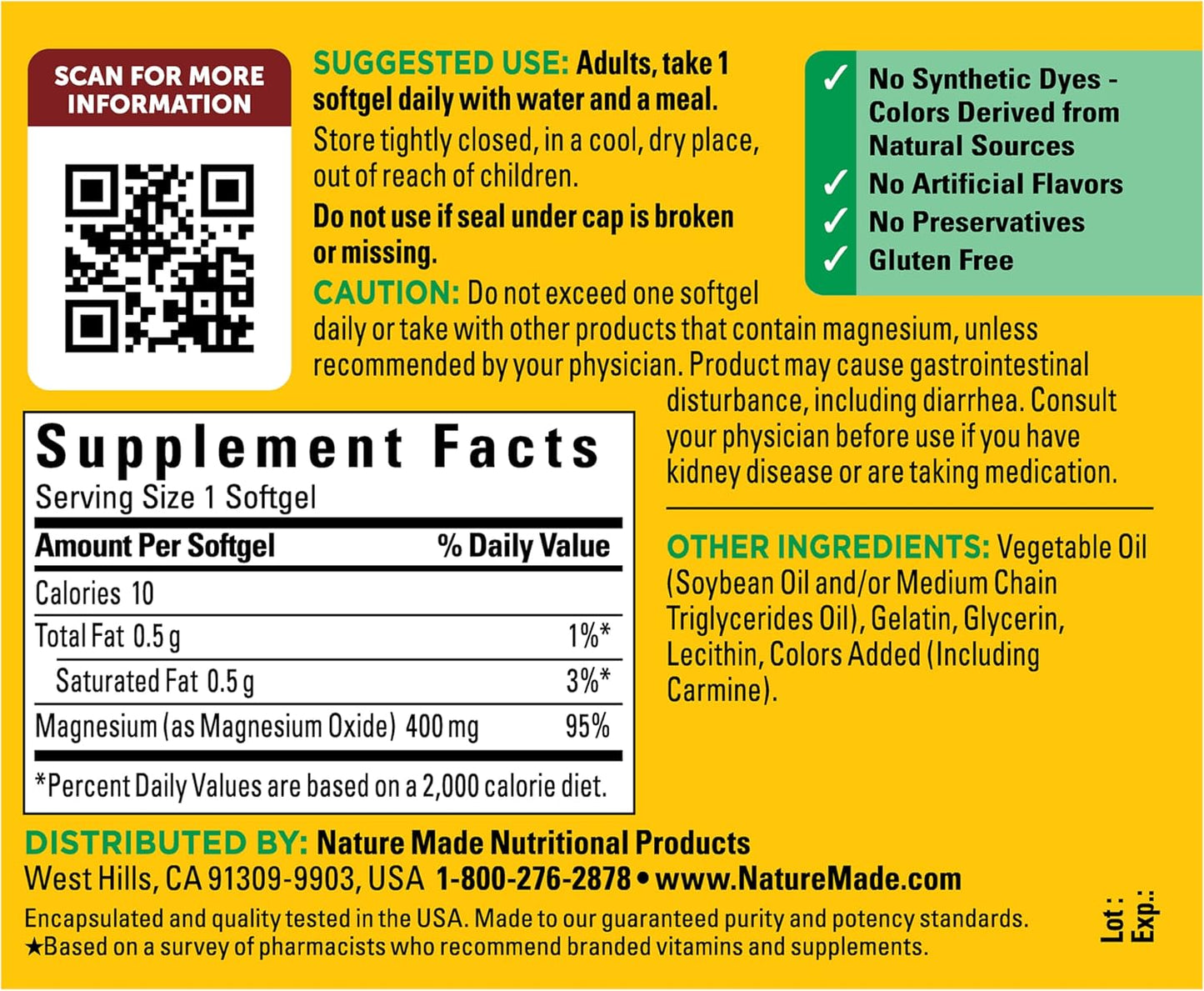 Nature Made Magnesium Oxide Extra Strength 400 mg, 110 Softgels