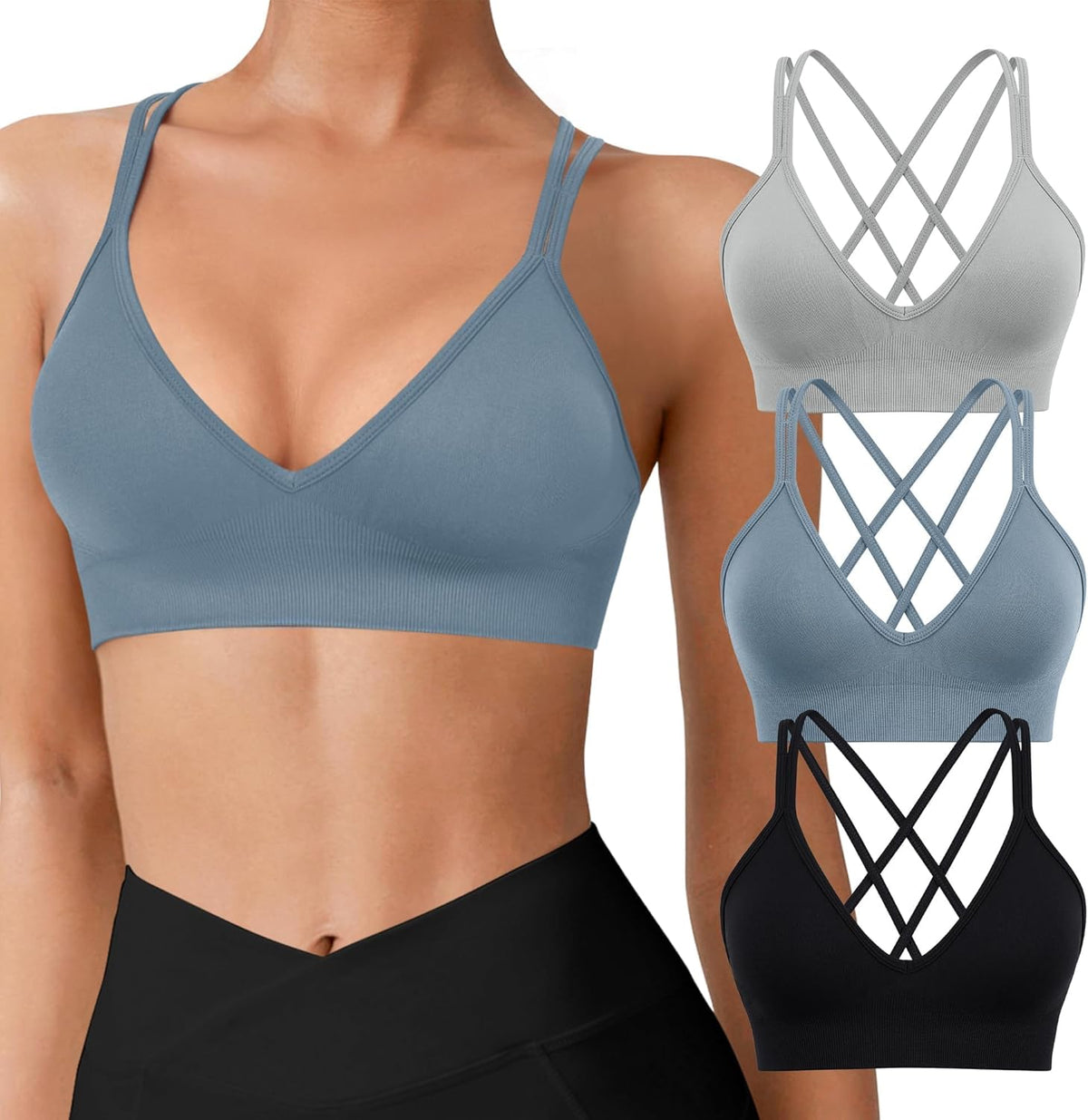 Seamless V-Neck Cross Back Women Sports Bra for Small Chest, 3 Pack | Made for A-C Cups, Spaghetti Straps, Removable Padded, Comfort Wireless for Low Impact Workout: Yoga, Lounging & Daily Wear
