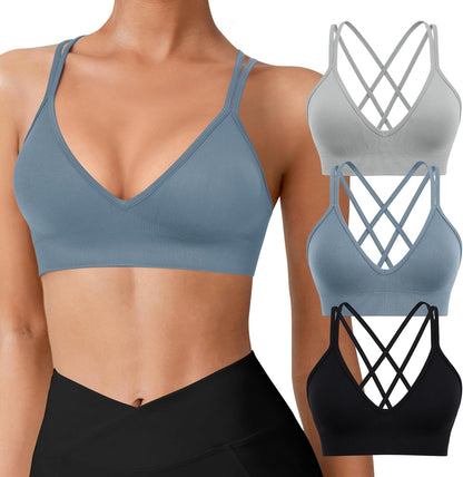 Seamless V-Neck Cross Back Women Sports Bra for Small Chest, 3 Pack | Made for A-C Cups, Spaghetti Straps, Removable Padded, Comfort Wireless for Low Impact Workout: Yoga, Lounging & Daily Wear