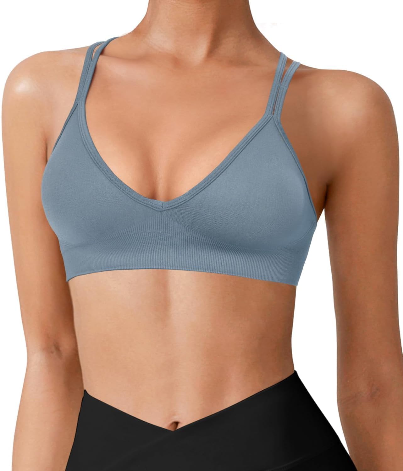 Seamless V-Neck Cross Back Women Sports Bra for Small Chest, 3 Pack | Made for A-C Cups, Spaghetti Straps, Removable Padded, Comfort Wireless for Low Impact Workout: Yoga, Lounging & Daily Wear