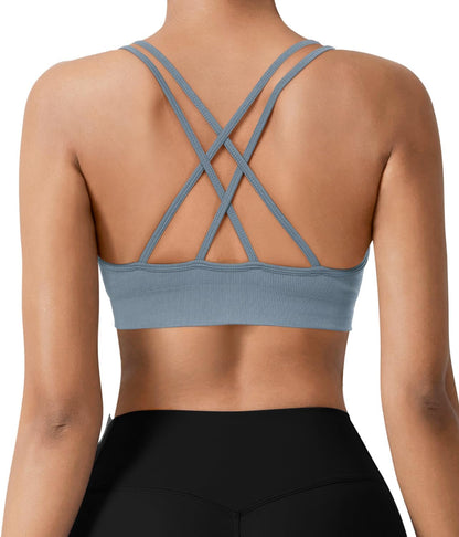 Seamless V-Neck Cross Back Women Sports Bra for Small Chest, 3 Pack | Made for A-C Cups, Spaghetti Straps, Removable Padded, Comfort Wireless for Low Impact Workout: Yoga, Lounging & Daily Wear
