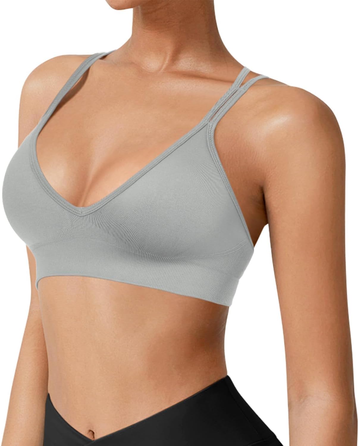 Seamless V-Neck Cross Back Women Sports Bra for Small Chest, 3 Pack | Made for A-C Cups, Spaghetti Straps, Removable Padded, Comfort Wireless for Low Impact Workout: Yoga, Lounging & Daily Wear