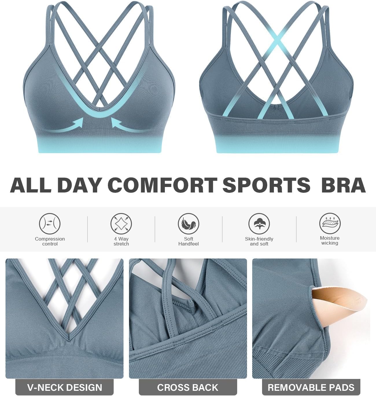 Seamless V-Neck Cross Back Women Sports Bra for Small Chest, 3 Pack | Made for A-C Cups, Spaghetti Straps, Removable Padded, Comfort Wireless for Low Impact Workout: Yoga, Lounging & Daily Wear