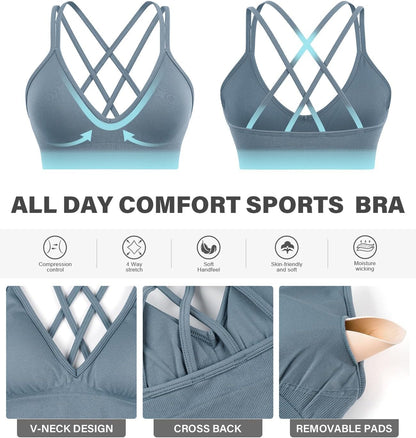 Seamless V-Neck Cross Back Women Sports Bra for Small Chest, 3 Pack | Made for A-C Cups, Spaghetti Straps, Removable Padded, Comfort Wireless for Low Impact Workout: Yoga, Lounging & Daily Wear