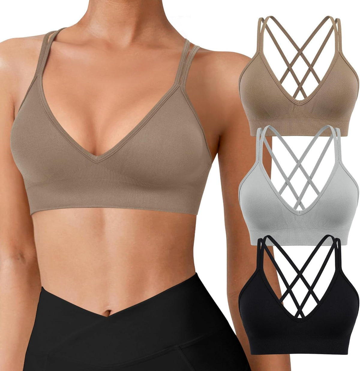 Seamless V-Neck Cross Back Women Sports Bra for Small Chest, 3 Pack | Made for A-C Cups, Spaghetti Straps, Removable Padded, Comfort Wireless for Low Impact Workout: Yoga, Lounging & Daily Wear