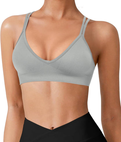 Seamless V-Neck Cross Back Women Sports Bra for Small Chest, 3 Pack | Made for A-C Cups, Spaghetti Straps, Removable Padded, Comfort Wireless for Low Impact Workout: Yoga, Lounging & Daily Wear