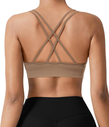 Seamless V-Neck Cross Back Women Sports Bra for Small Chest, 3 Pack | Made for A-C Cups, Spaghetti Straps, Removable Padded, Comfort Wireless for Low Impact Workout: Yoga, Lounging & Daily Wear