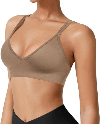 Seamless V-Neck Cross Back Women Sports Bra for Small Chest, 3 Pack | Made for A-C Cups, Spaghetti Straps, Removable Padded, Comfort Wireless for Low Impact Workout: Yoga, Lounging & Daily Wear