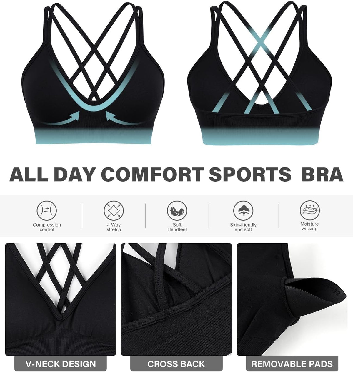 Seamless V-Neck Cross Back Women Sports Bra for Small Chest, 3 Pack | Made for A-C Cups, Spaghetti Straps, Removable Padded, Comfort Wireless for Low Impact Workout: Yoga, Lounging & Daily Wear