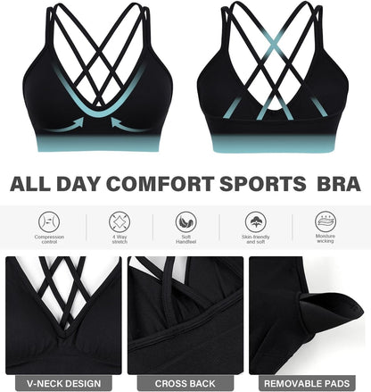 Seamless V-Neck Cross Back Women Sports Bra for Small Chest, 3 Pack | Made for A-C Cups, Spaghetti Straps, Removable Padded, Comfort Wireless for Low Impact Workout: Yoga, Lounging & Daily Wear