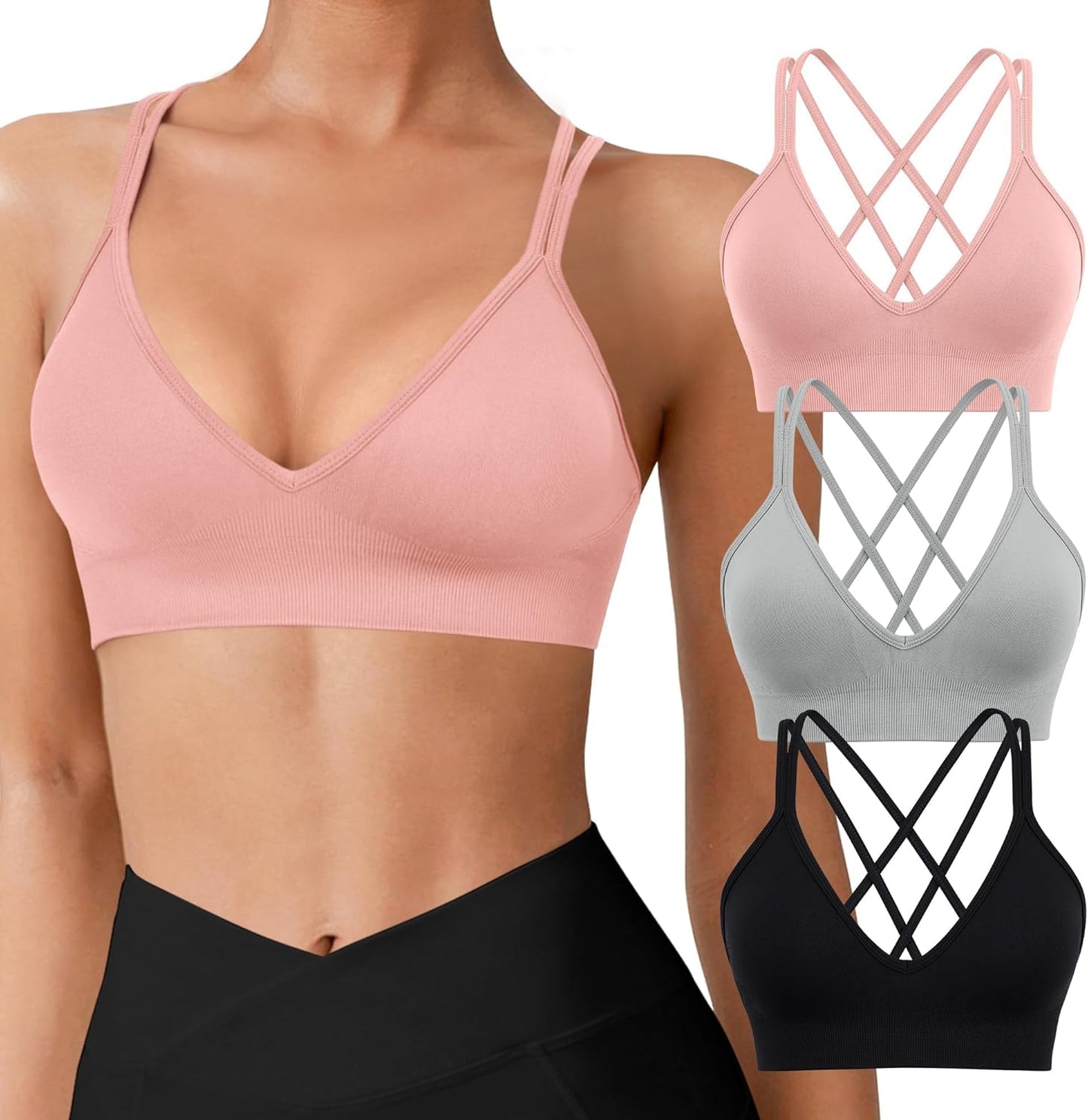 Seamless V-Neck Cross Back Women Sports Bra for Small Chest, 3 Pack | Made for A-C Cups, Spaghetti Straps, Removable Padded, Comfort Wireless for Low Impact Workout: Yoga, Lounging & Daily Wear