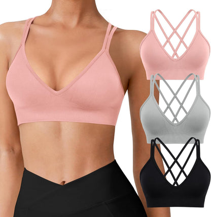 Seamless V-Neck Cross Back Women Sports Bra for Small Chest, 3 Pack | Made for A-C Cups, Spaghetti Straps, Removable Padded, Comfort Wireless for Low Impact Workout: Yoga, Lounging & Daily Wear