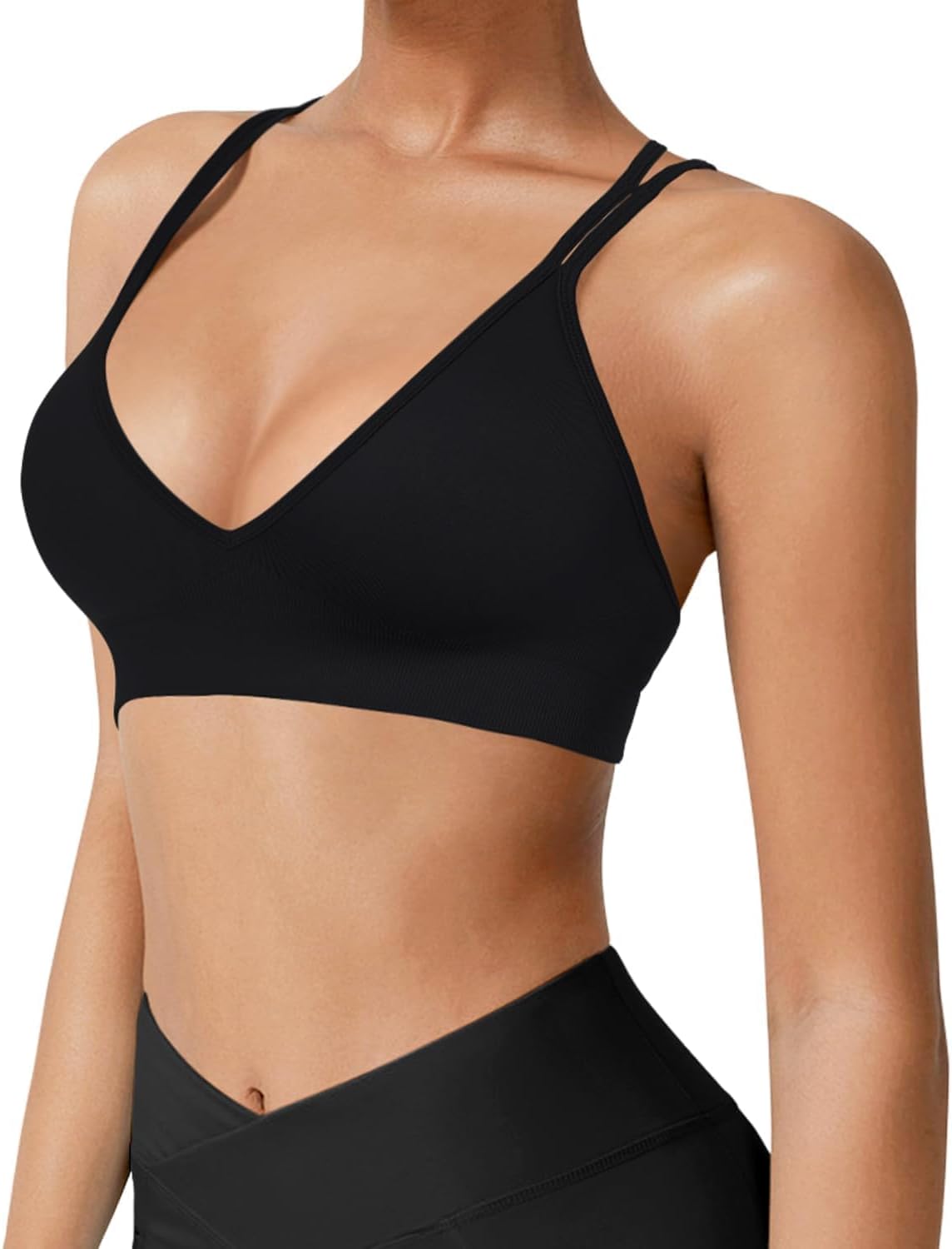 Seamless V-Neck Cross Back Women Sports Bra for Small Chest, 3 Pack | Made for A-C Cups, Spaghetti Straps, Removable Padded, Comfort Wireless for Low Impact Workout: Yoga, Lounging & Daily Wear