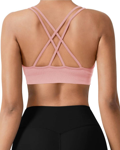 Seamless V-Neck Cross Back Women Sports Bra for Small Chest, 3 Pack | Made for A-C Cups, Spaghetti Straps, Removable Padded, Comfort Wireless for Low Impact Workout: Yoga, Lounging & Daily Wear