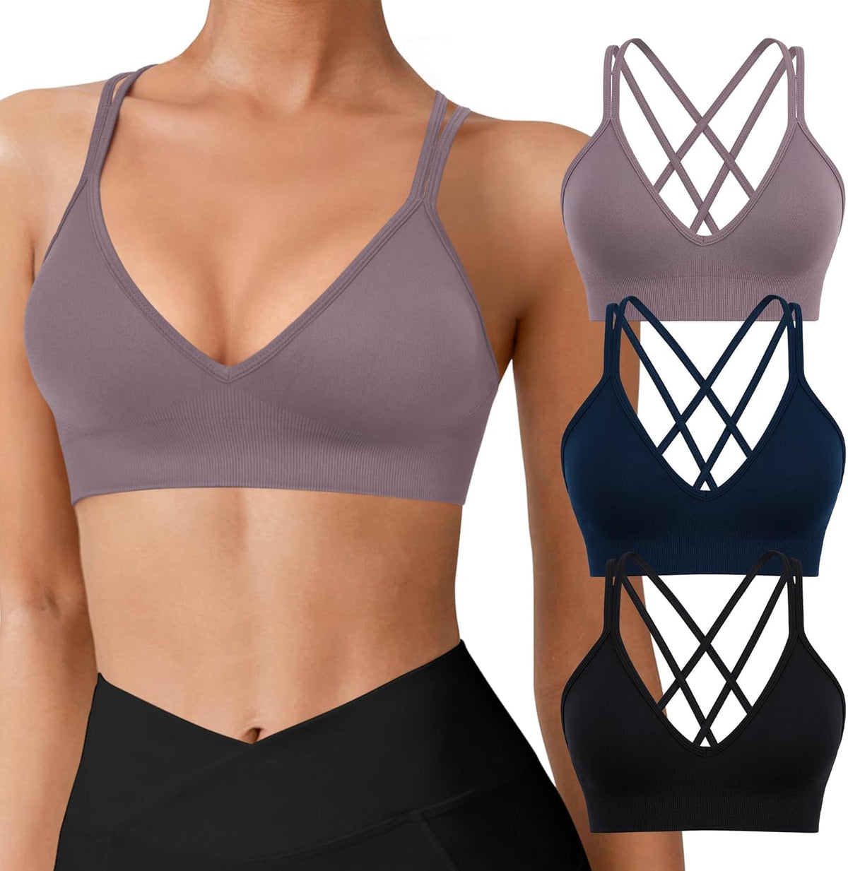 Seamless V-Neck Cross Back Women Sports Bra for Small Chest, 3 Pack | Made for A-C Cups, Spaghetti Straps, Removable Padded, Comfort Wireless for Low Impact Workout: Yoga, Lounging & Daily Wear