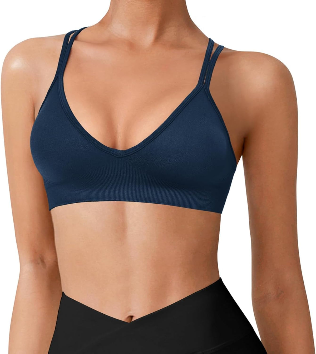 Seamless V-Neck Cross Back Women Sports Bra for Small Chest, 3 Pack | Made for A-C Cups, Spaghetti Straps, Removable Padded, Comfort Wireless for Low Impact Workout: Yoga, Lounging & Daily Wear