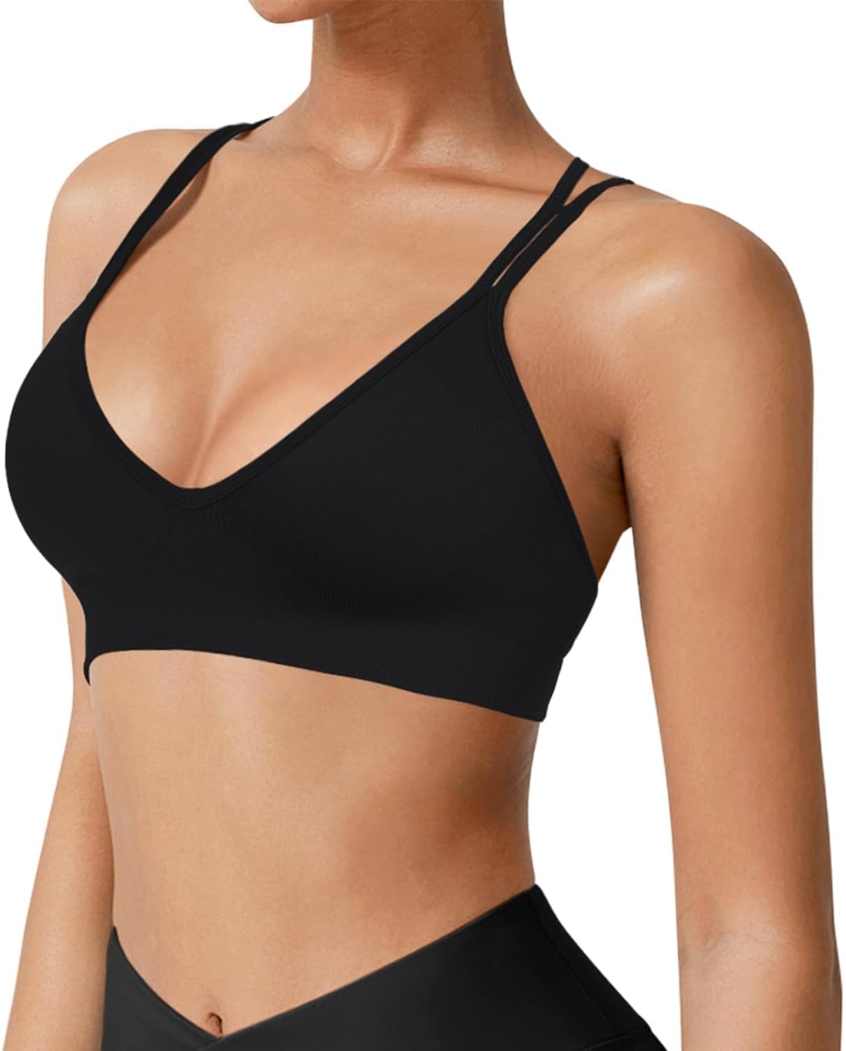 Seamless V-Neck Cross Back Women Sports Bra for Small Chest, 3 Pack | Made for A-C Cups, Spaghetti Straps, Removable Padded, Comfort Wireless for Low Impact Workout: Yoga, Lounging & Daily Wear