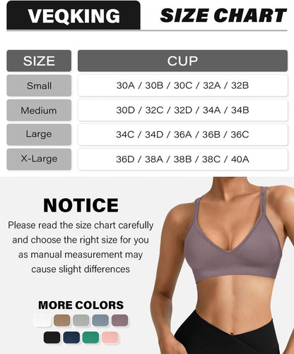 Seamless V-Neck Cross Back Women Sports Bra for Small Chest, 3 Pack | Made for A-C Cups, Spaghetti Straps, Removable Padded, Comfort Wireless for Low Impact Workout: Yoga, Lounging & Daily Wear