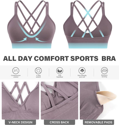 Seamless V-Neck Cross Back Women Sports Bra for Small Chest, 3 Pack | Made for A-C Cups, Spaghetti Straps, Removable Padded, Comfort Wireless for Low Impact Workout: Yoga, Lounging & Daily Wear