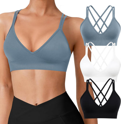 Seamless V-Neck Cross Back Women Sports Bra for Small Chest, 3 Pack | Made for A-C Cups, Spaghetti Straps, Removable Padded, Comfort Wireless for Low Impact Workout: Yoga, Lounging & Daily Wear