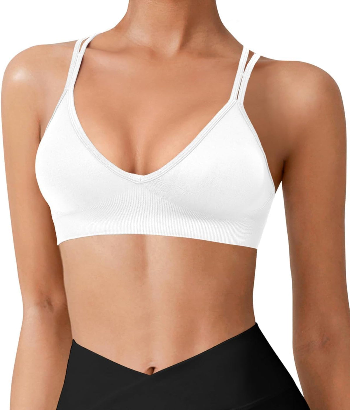 Seamless V-Neck Cross Back Women Sports Bra for Small Chest, 3 Pack | Made for A-C Cups, Spaghetti Straps, Removable Padded, Comfort Wireless for Low Impact Workout: Yoga, Lounging & Daily Wear