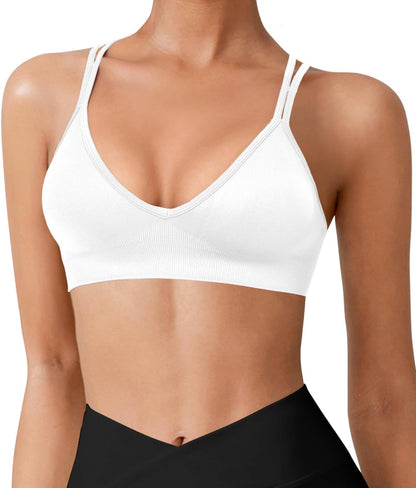 Seamless V-Neck Cross Back Women Sports Bra for Small Chest, 3 Pack | Made for A-C Cups, Spaghetti Straps, Removable Padded, Comfort Wireless for Low Impact Workout: Yoga, Lounging & Daily Wear