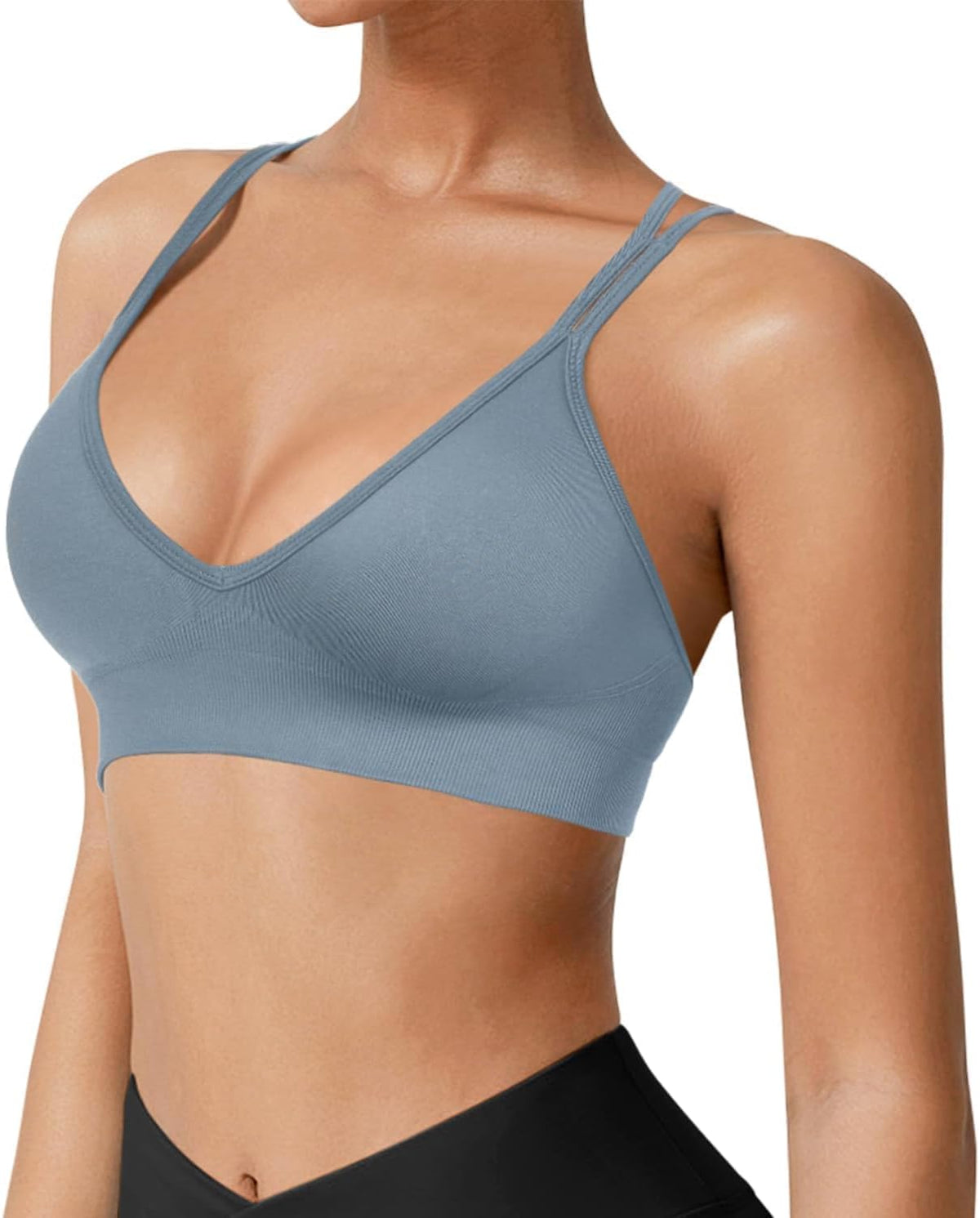 Seamless V-Neck Cross Back Women Sports Bra for Small Chest, 3 Pack | Made for A-C Cups, Spaghetti Straps, Removable Padded, Comfort Wireless for Low Impact Workout: Yoga, Lounging & Daily Wear