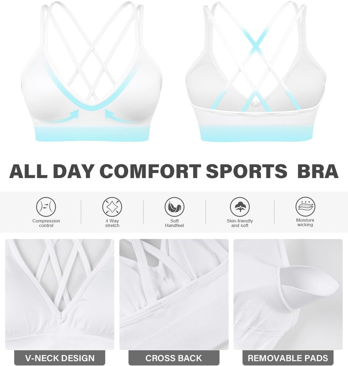 Seamless V-Neck Cross Back Women Sports Bra for Small Chest, 3 Pack | Made for A-C Cups, Spaghetti Straps, Removable Padded, Comfort Wireless for Low Impact Workout: Yoga, Lounging & Daily Wear