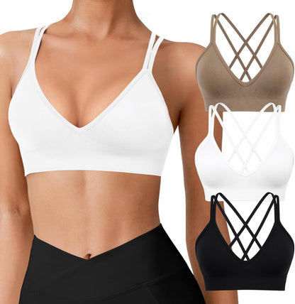 Seamless V-Neck Cross Back Women Sports Bra for Small Chest, 3 Pack | Made for A-C Cups, Spaghetti Straps, Removable Padded, Comfort Wireless for Low Impact Workout: Yoga, Lounging & Daily Wear