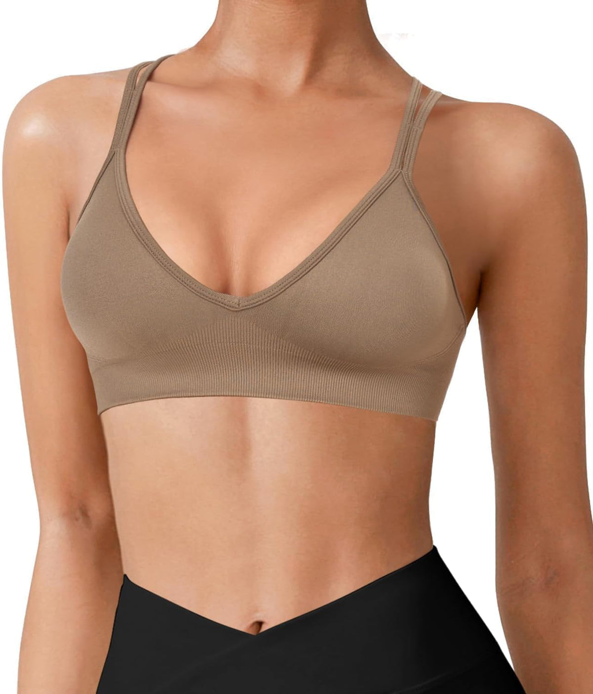 Seamless V-Neck Cross Back Women Sports Bra for Small Chest, 3 Pack | Made for A-C Cups, Spaghetti Straps, Removable Padded, Comfort Wireless for Low Impact Workout: Yoga, Lounging & Daily Wear