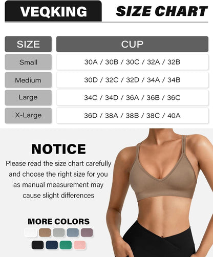 Seamless V-Neck Cross Back Women Sports Bra for Small Chest, 3 Pack | Made for A-C Cups, Spaghetti Straps, Removable Padded, Comfort Wireless for Low Impact Workout: Yoga, Lounging & Daily Wear