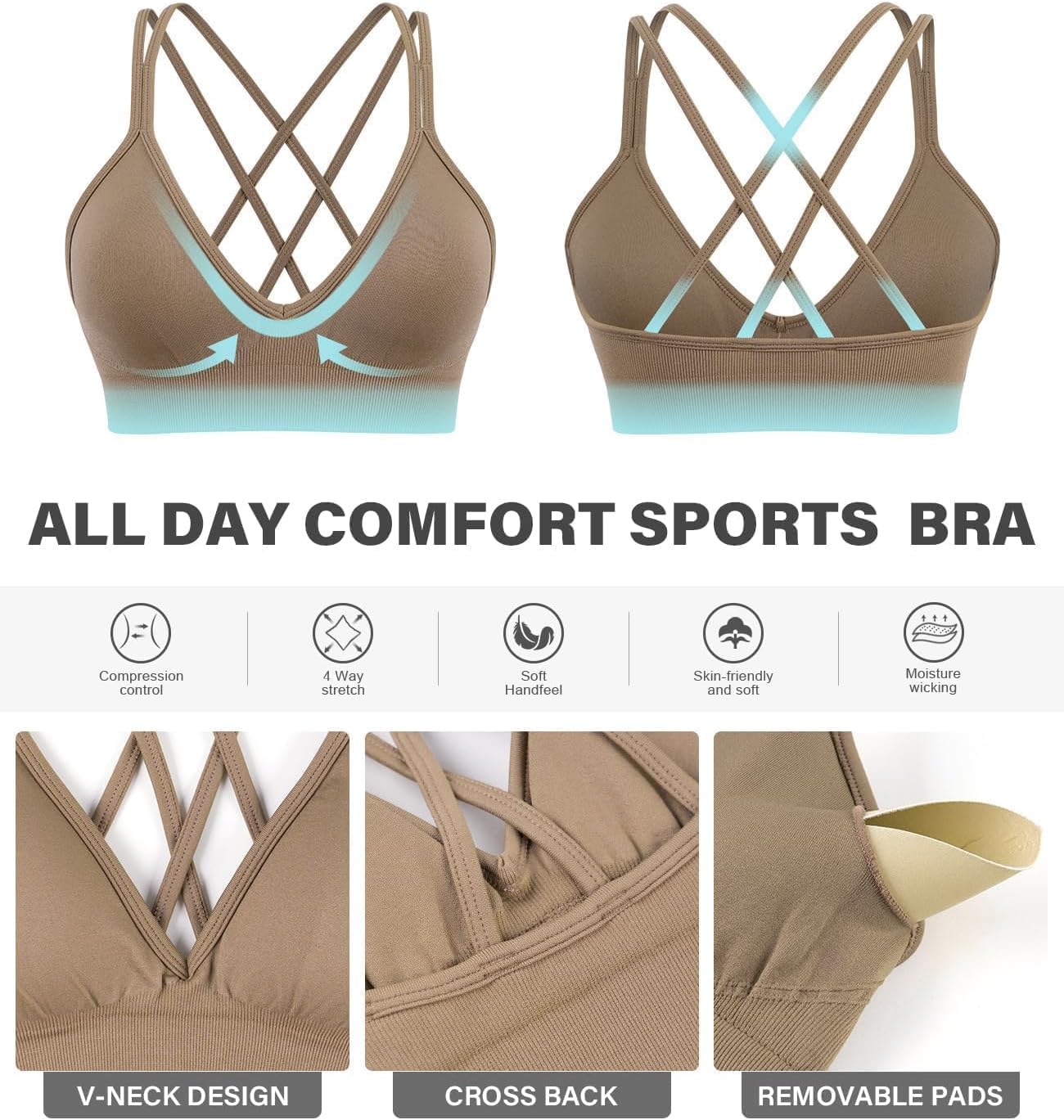 Seamless V-Neck Cross Back Women Sports Bra for Small Chest, 3 Pack | Made for A-C Cups, Spaghetti Straps, Removable Padded, Comfort Wireless for Low Impact Workout: Yoga, Lounging & Daily Wear