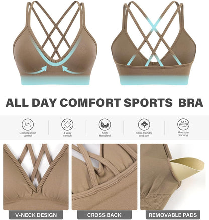 Seamless V-Neck Cross Back Women Sports Bra for Small Chest, 3 Pack | Made for A-C Cups, Spaghetti Straps, Removable Padded, Comfort Wireless for Low Impact Workout: Yoga, Lounging & Daily Wear
