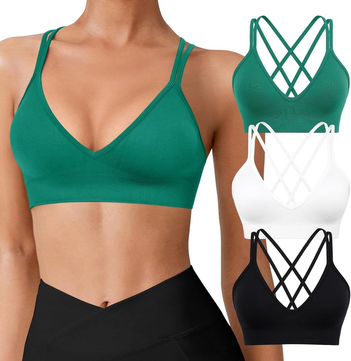 Seamless V-Neck Cross Back Women Sports Bra for Small Chest, 3 Pack | Made for A-C Cups, Spaghetti Straps, Removable Padded, Comfort Wireless for Low Impact Workout: Yoga, Lounging & Daily Wear