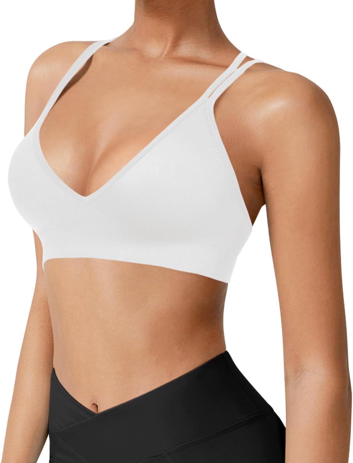 Seamless V-Neck Cross Back Women Sports Bra for Small Chest, 3 Pack | Made for A-C Cups, Spaghetti Straps, Removable Padded, Comfort Wireless for Low Impact Workout: Yoga, Lounging & Daily Wear
