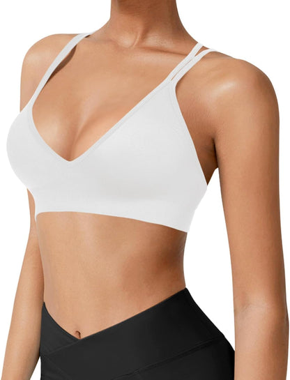 Seamless V-Neck Cross Back Women Sports Bra for Small Chest, 3 Pack | Made for A-C Cups, Spaghetti Straps, Removable Padded, Comfort Wireless for Low Impact Workout: Yoga, Lounging & Daily Wear