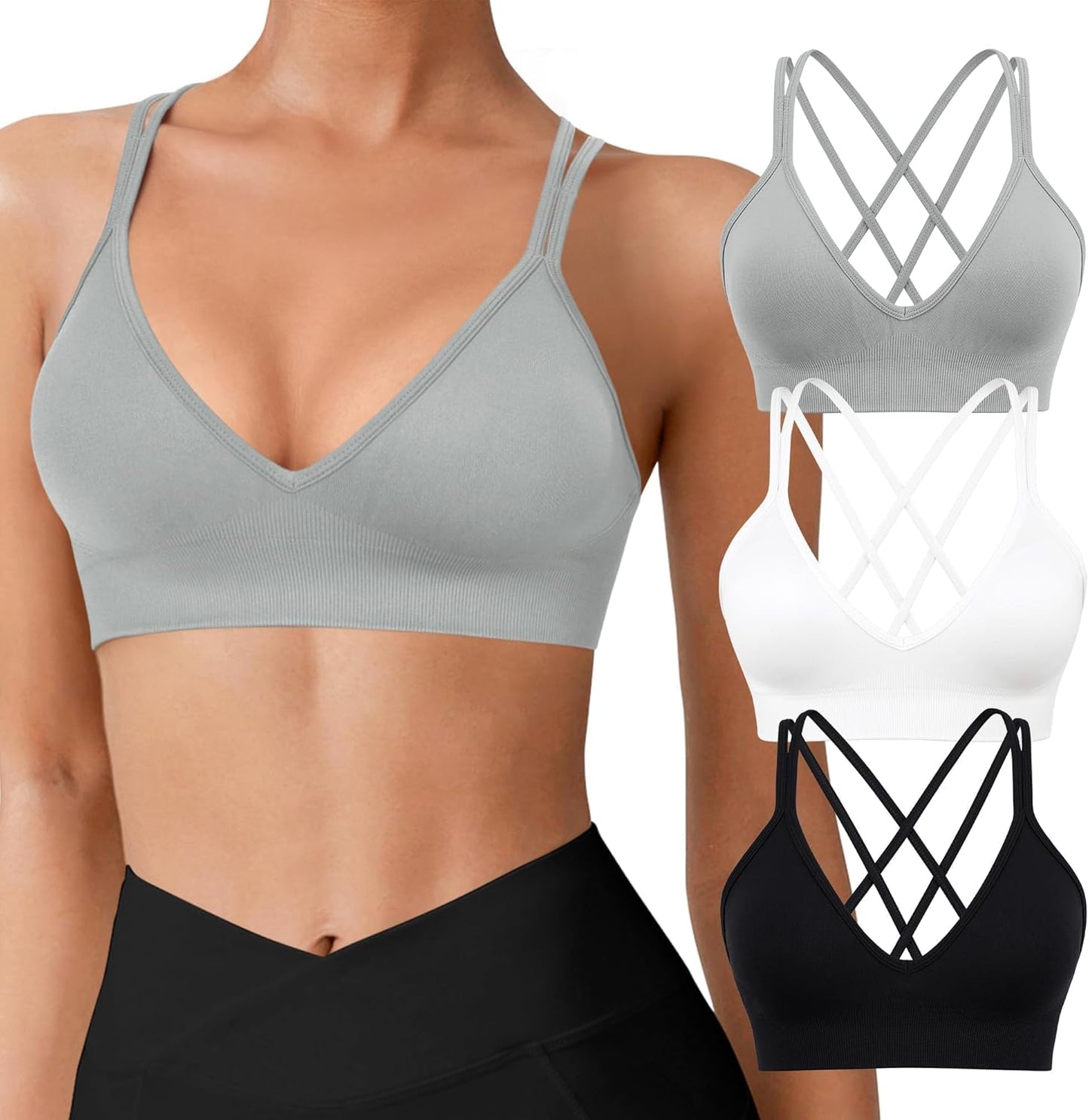 Seamless V-Neck Cross Back Women Sports Bra for Small Chest, 3 Pack | Made for A-C Cups, Spaghetti Straps, Removable Padded, Comfort Wireless for Low Impact Workout: Yoga, Lounging & Daily Wear