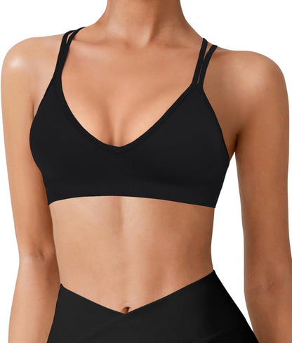 Seamless V-Neck Cross Back Women Sports Bra for Small Chest, 3 Pack | Made for A-C Cups, Spaghetti Straps, Removable Padded, Comfort Wireless for Low Impact Workout: Yoga, Lounging & Daily Wear