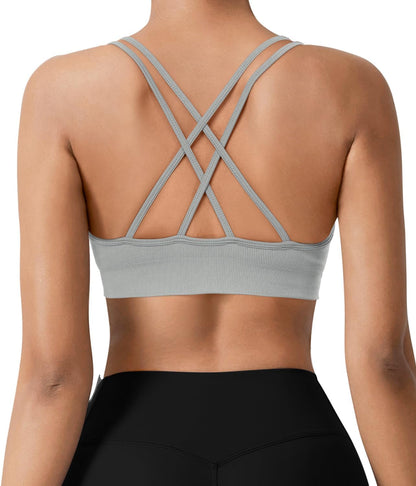 Seamless V-Neck Cross Back Women Sports Bra for Small Chest, 3 Pack | Made for A-C Cups, Spaghetti Straps, Removable Padded, Comfort Wireless for Low Impact Workout: Yoga, Lounging & Daily Wear