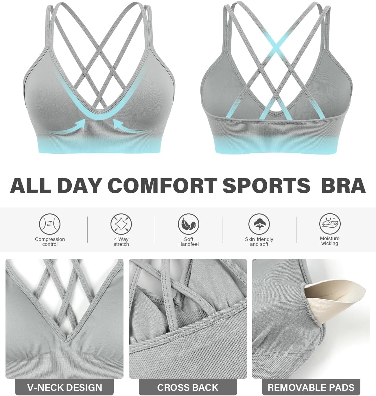 Seamless V-Neck Cross Back Women Sports Bra for Small Chest, 3 Pack | Made for A-C Cups, Spaghetti Straps, Removable Padded, Comfort Wireless for Low Impact Workout: Yoga, Lounging & Daily Wear