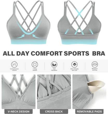 Seamless V-Neck Cross Back Women Sports Bra for Small Chest, 3 Pack | Made for A-C Cups, Spaghetti Straps, Removable Padded, Comfort Wireless for Low Impact Workout: Yoga, Lounging & Daily Wear