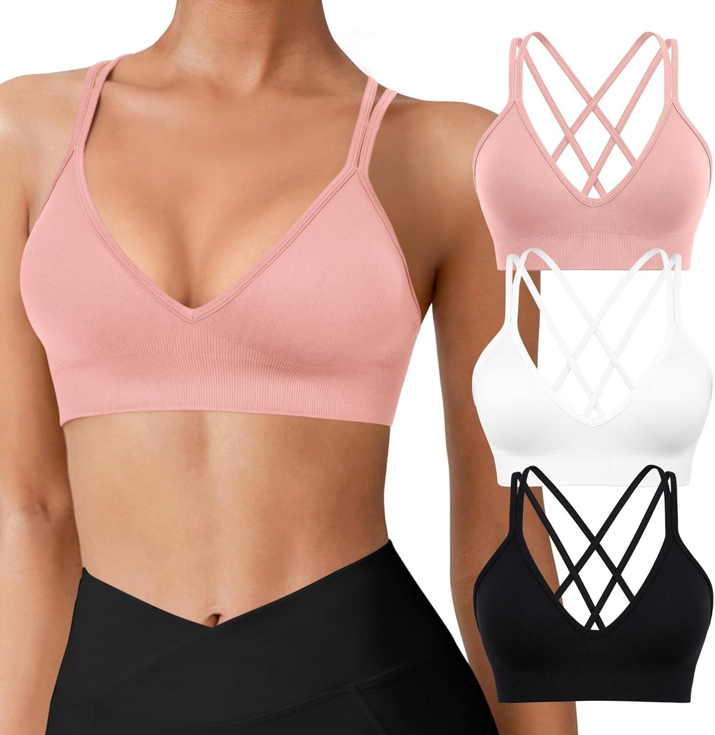 Seamless V-Neck Cross Back Women Sports Bra for Small Chest, 3 Pack | Made for A-C Cups, Spaghetti Straps, Removable Padded, Comfort Wireless for Low Impact Workout: Yoga, Lounging & Daily Wear