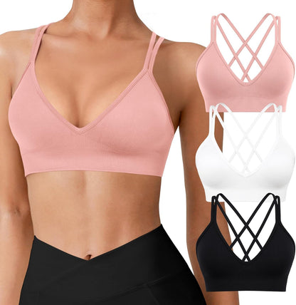 Seamless V-Neck Cross Back Women Sports Bra for Small Chest, 3 Pack | Made for A-C Cups, Spaghetti Straps, Removable Padded, Comfort Wireless for Low Impact Workout: Yoga, Lounging & Daily Wear