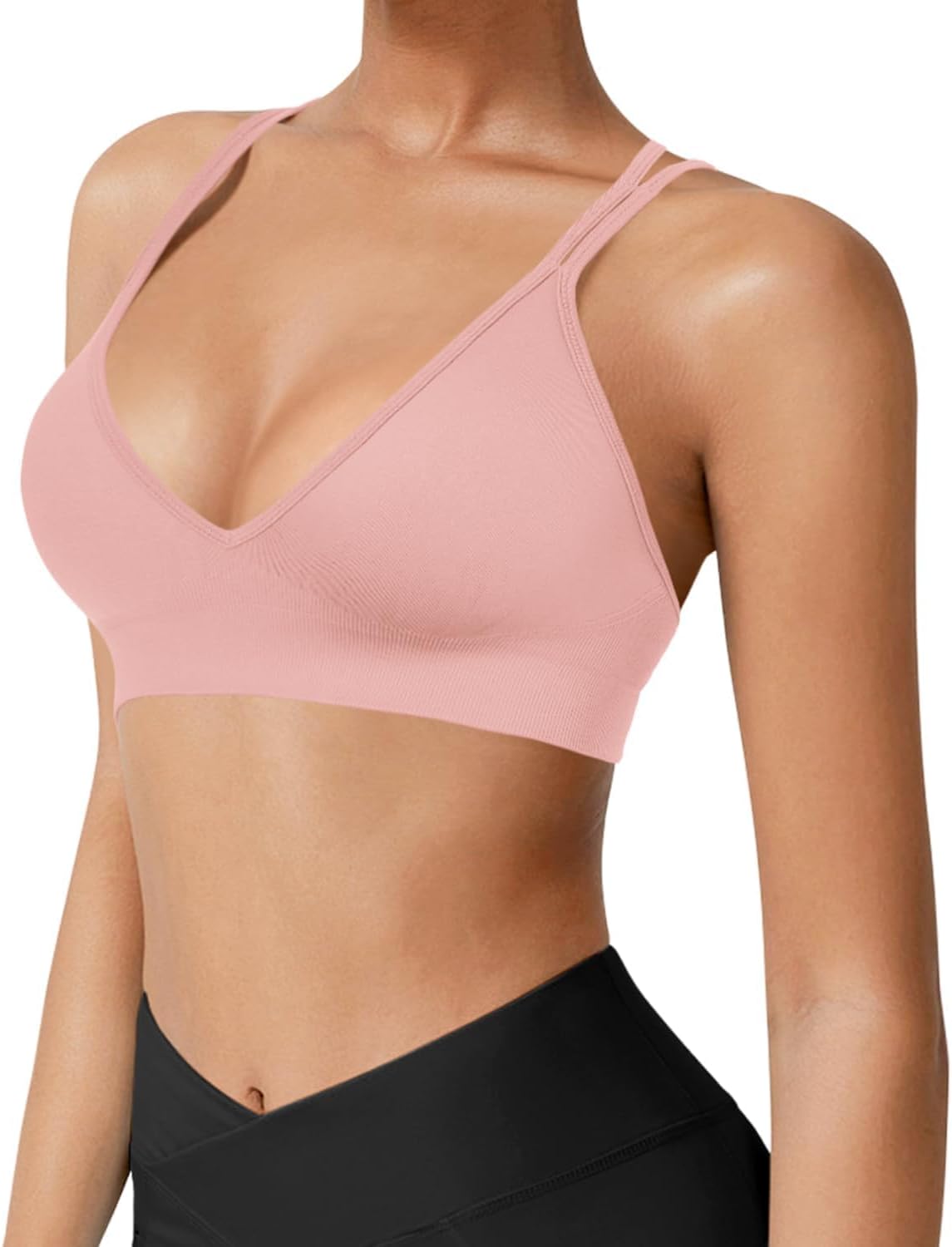 Seamless V-Neck Cross Back Women Sports Bra for Small Chest, 3 Pack | Made for A-C Cups, Spaghetti Straps, Removable Padded, Comfort Wireless for Low Impact Workout: Yoga, Lounging & Daily Wear