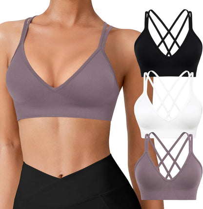 Seamless V-Neck Cross Back Women Sports Bra for Small Chest, 3 Pack | Made for A-C Cups, Spaghetti Straps, Removable Padded, Comfort Wireless for Low Impact Workout: Yoga, Lounging & Daily Wear